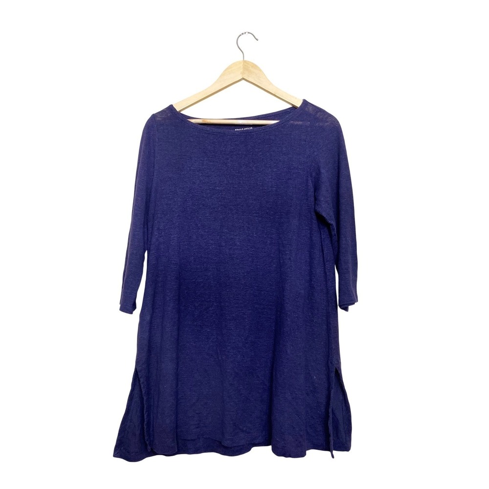 Eileen Fisher Organic Linen Tunic Top Purple 3/4‎ Sleeve Boat Neck S18IZO Small